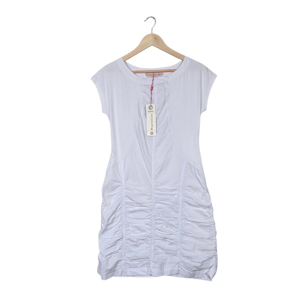 Wearables Aviana Ruched Mini Dress S White Stretch Bodycon NWT Minimalist Modern